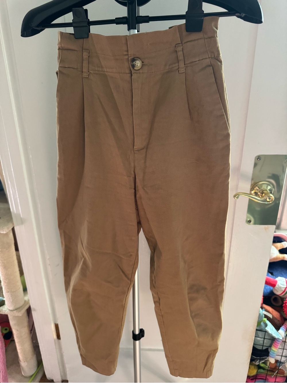 Zara Tan High-Rise Tapered Paperbag Pants